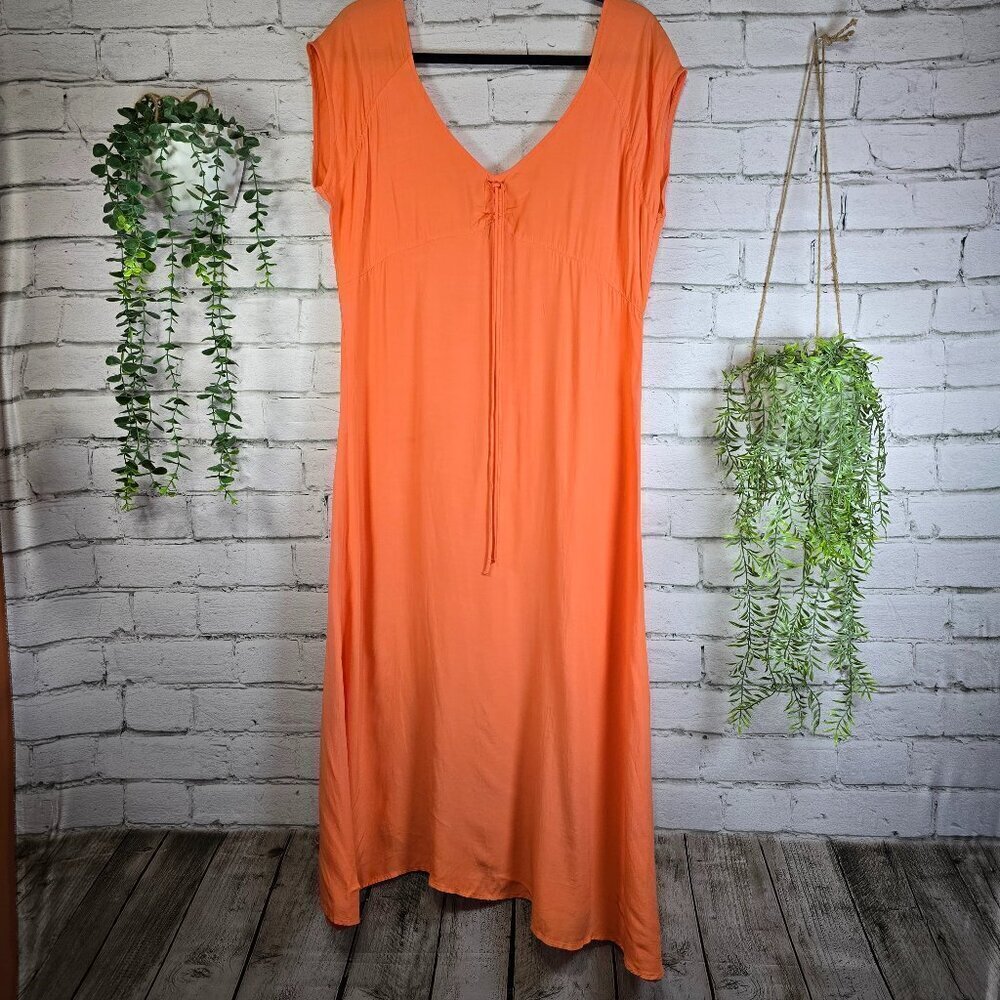 AMUSE SOCIETY WOMENS MIDIi DRESS MELON COLORED CAP SLEEVE ASYMETRIC HEM SIZE LG
